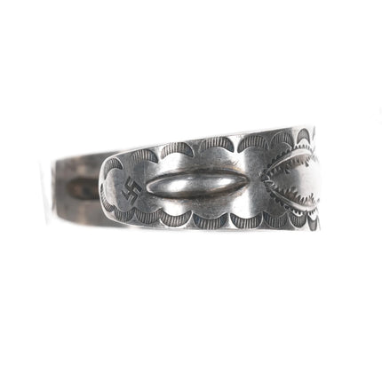 7" 1930's Navajo hand stamped silver whirling logs cuff bracelet with turquoise - Estate Fresh Austin