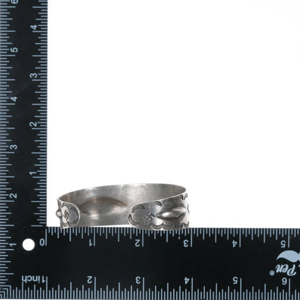 7" 1930's Navajo hand stamped silver whirling logs cuff bracelet with turquoise - Estate Fresh Austin