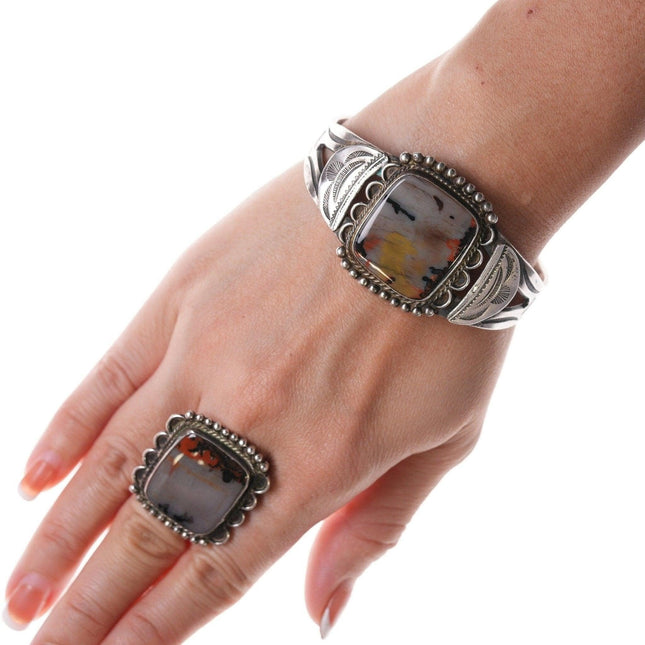 7" 1940's Navajo Sterling and Agate bracelet with matching size 6.75 ring - Estate Fresh Austin