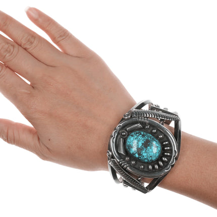 7" 1970's Phil T Navajo Silver cuff bracelet with turquoise - Estate Fresh Austin