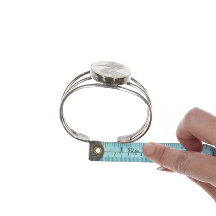 7" 1979 Native American DRW Carved fossil sterling bracelet - Estate Fresh Austin