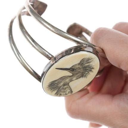 7" 1979 Native American DRW Carved fossil sterling bracelet - Estate Fresh Austin