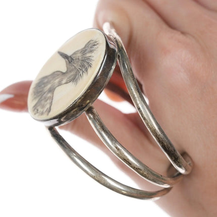 7" 1979 Native American DRW Carved fossil sterling bracelet - Estate Fresh Austin