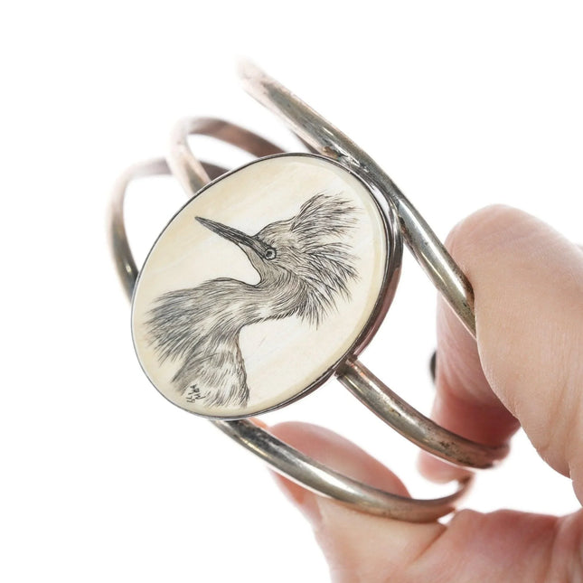 7" 1979 Native American DRW Carved fossil sterling bracelet - Estate Fresh Austin