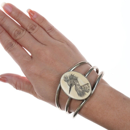 7" 1979 Native American DRW Carved fossil sterling bracelet - Estate Fresh Austin