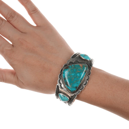 7" 20's-30's Navajo Ingot silver Whirling log High grade turquoise cuff bracelet - Estate Fresh Austin