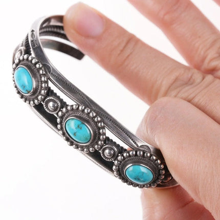7" 30's-40's Navajo Stamped silver carinated wire bracelet with turquoise - Estate Fresh Austin