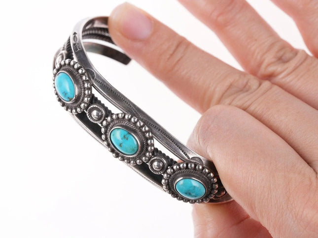 7" 30's-40's Navajo Stamped silver carinated wire bracelet with turquoise - Estate Fresh Austin