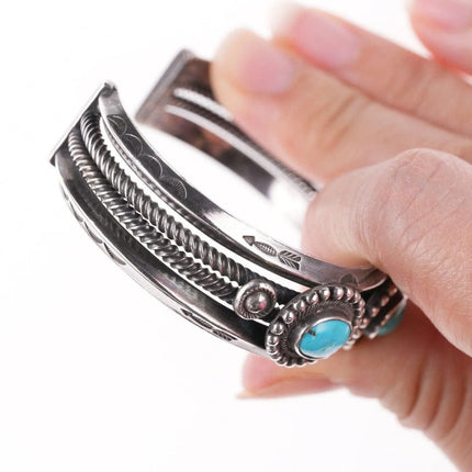 7" 30's-40's Navajo Stamped silver carinated wire bracelet with turquoise - Estate Fresh Austin