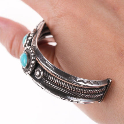 7" 30's-40's Navajo Stamped silver carinated wire bracelet with turquoise - Estate Fresh Austin