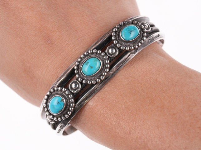 7" 30's - 40's Navajo Stamped silver carinated wire bracelet with turquoise - Estate Fresh Austin