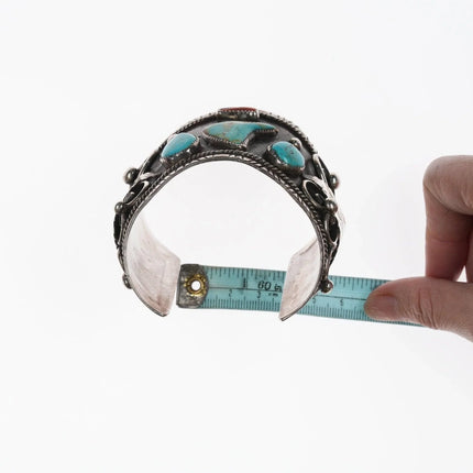7.375" 1970's Navajo Dan Thunder Bolt Silver, turquoise, and coral cuff bracelet - Estate Fresh Austin