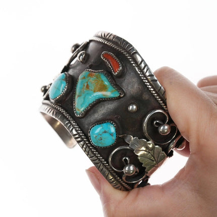 7.375" 1970's Navajo Dan Thunder Bolt Silver, turquoise, and coral cuff bracelet - Estate Fresh Austin
