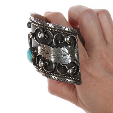 7.375" 1970's Navajo Dan Thunder Bolt Silver, turquoise, and coral cuff bracelet - Estate Fresh Austin