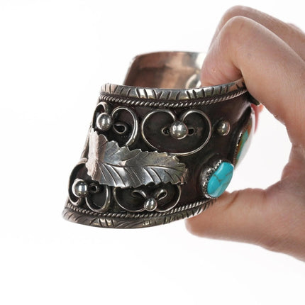 7.375" 1970's Navajo Dan Thunder Bolt Silver, turquoise, and coral cuff bracelet - Estate Fresh Austin