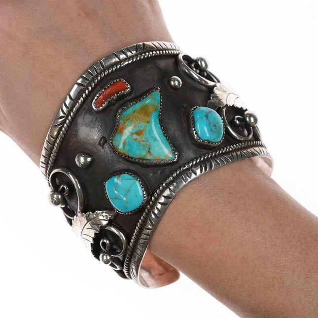 7.375" 1970's Navajo Dan Thunder Bolt Silver, turquoise, and coral cuff bracelet - Estate Fresh Austin
