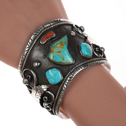 7.375" 1970's Navajo Dan Thunder Bolt Silver, turquoise, and coral cuff bracelet - Estate Fresh Austin