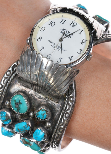 7 3/8" JJ 1970's Navajo sterling turquoise nugget cuff watch cuff bracelet - Estate Fresh Austin