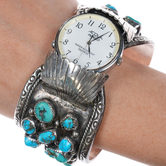 7 3/8" JJ 1970's Navajo sterling turquoise nugget cuff watch cuff bracelet - Estate Fresh Austin