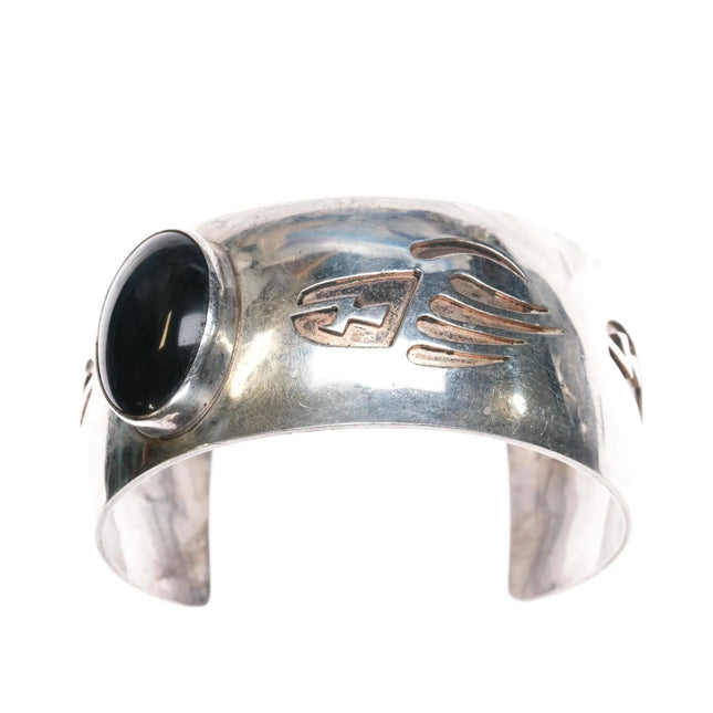 7.375" Navajo Lester Ortiz Overlay claw Onyx cuff bracelet sterling silver - Estate Fresh Austin