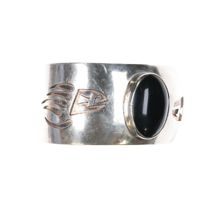 7 3/8" Navajo Lester Ortiz Overlay claw Onyx cuff bracelet sterling silver - Estate Fresh Austin