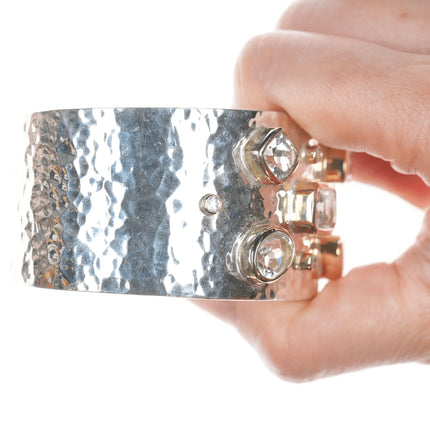 7.35" Thistle & Bee Hammered Sterling Silver/18K gold vermeil bezels cuff bracelet - Estate Fresh Austin