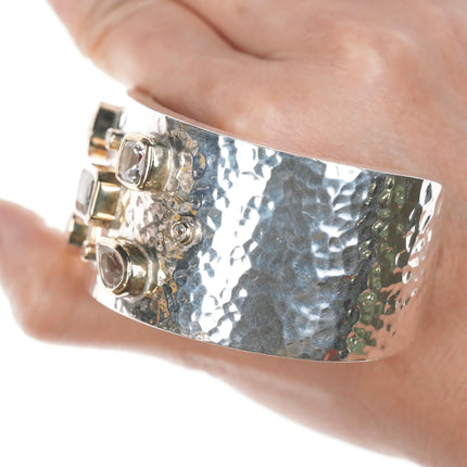 7.35" Thistle & Bee Hammered Sterling Silver/18K gold vermeil bezels cuff bracelet - Estate Fresh Austin