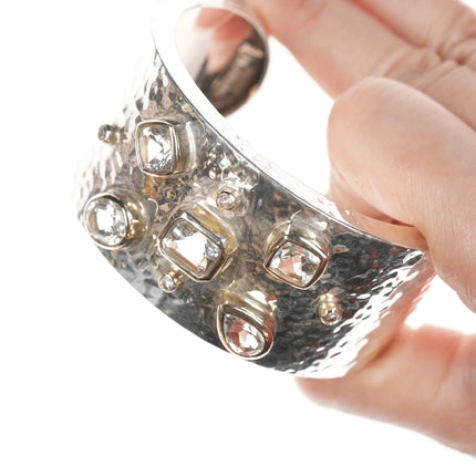 7.35" Thistle & Bee Hammered Sterling Silver/18K gold vermeil bezels cuff bracelet - Estate Fresh Austin