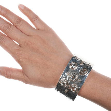 7.35" Thistle & Bee Hammered Sterling Silver/18K gold vermeil bezels cuff bracelet - Estate Fresh Austin