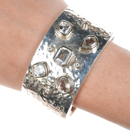 7.35" Thistle & Bee Hammered Sterling Silver/18K gold vermeil bezels cuff bracelet - Estate Fresh Austin