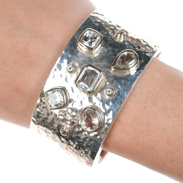7.35" Thistle & Bee Hammered Sterling Silver/18K gold vermeil bezels cuff bracelet - Estate Fresh Austin
