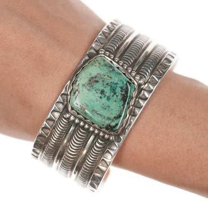 7.375" Wayne Aguilar Santo Domingo Silver and turquoise cuff bracelet - Estate Fresh Austin