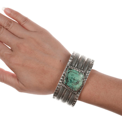 7.375" Wayne Aguilar Santo Domingo Silver and turquoise cuff bracelet - Estate Fresh Austin