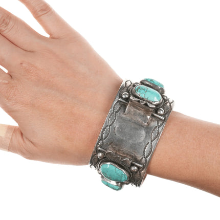 7" 40's-50's Intricately Stamped High Grade turquoise Navajo silver cuff bracelet - Estate Fresh Austin