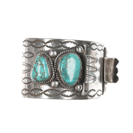 7" 40's-50's Intricately Stamped High Grade turquoise Navajo silver cuff bracelet - Estate Fresh Austin