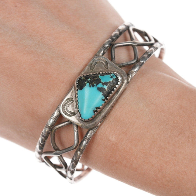 7" 40's - 50's Navajo stamped silver and turquoise bracelet - Estate Fresh Austin