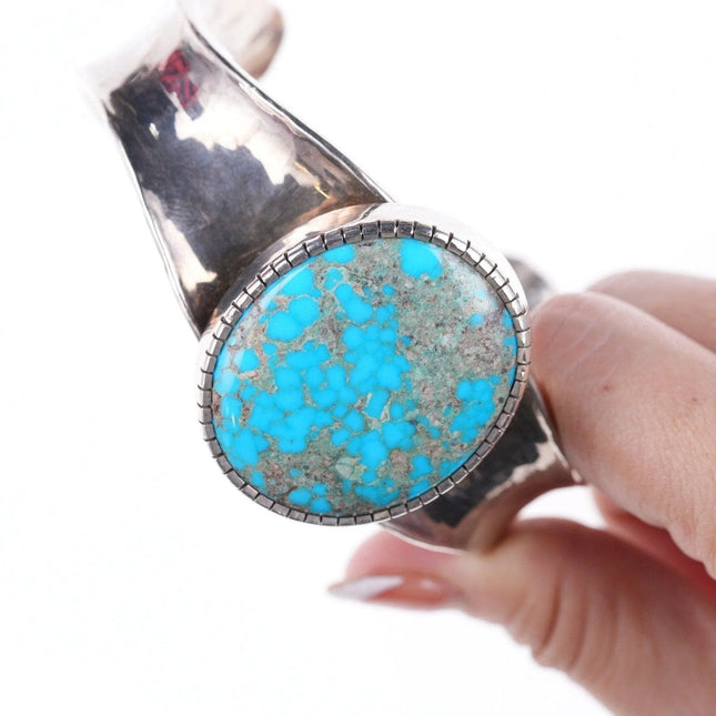 7.625" Heavy Hammered Sterling and high grade turquoise bracelet - Estate Fresh Austin