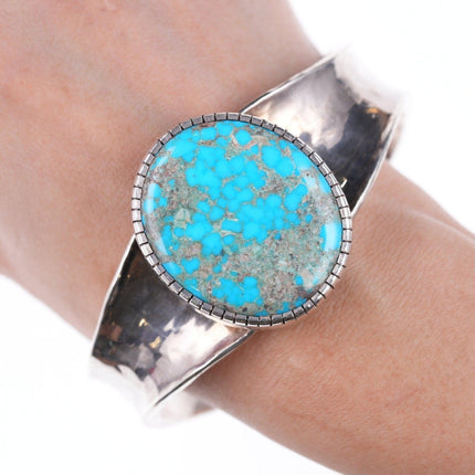 7 5/8" Heavy Hammered Sterling and high grade turquoise bracelet - Estate Fresh Austin