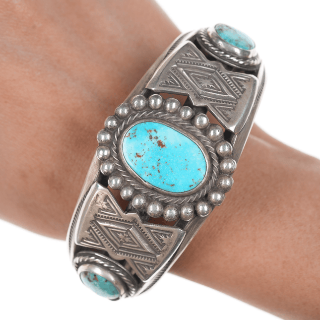 7 5/8" Vintage Navajo stamped twisted silver wire cuff bracelet with turquoise - Estate Fresh Austin