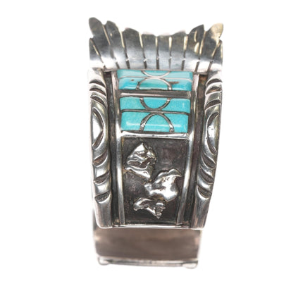 7" 70's - 80's C. Smith - Gilbert Ortega Native American silver turquoise watch cuff - Estate Fresh Austin