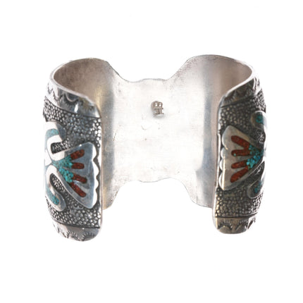 7" 70's - 80's Henry Baca Navajo Sterling chip inlay peyotebird watch cuff bracelet - Estate Fresh Austin