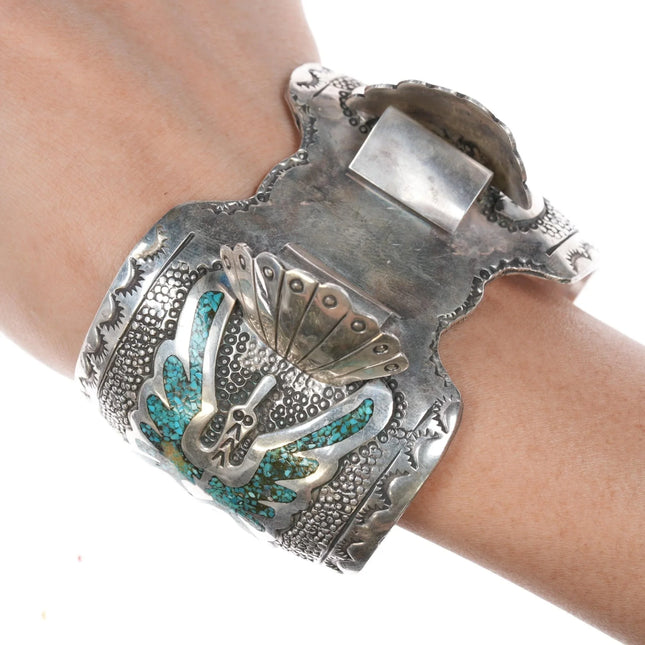 7" 70's-80's Henry Baca Navajo Sterling chip inlay peyotebird watch cuff bracelet - Estate Fresh Austin