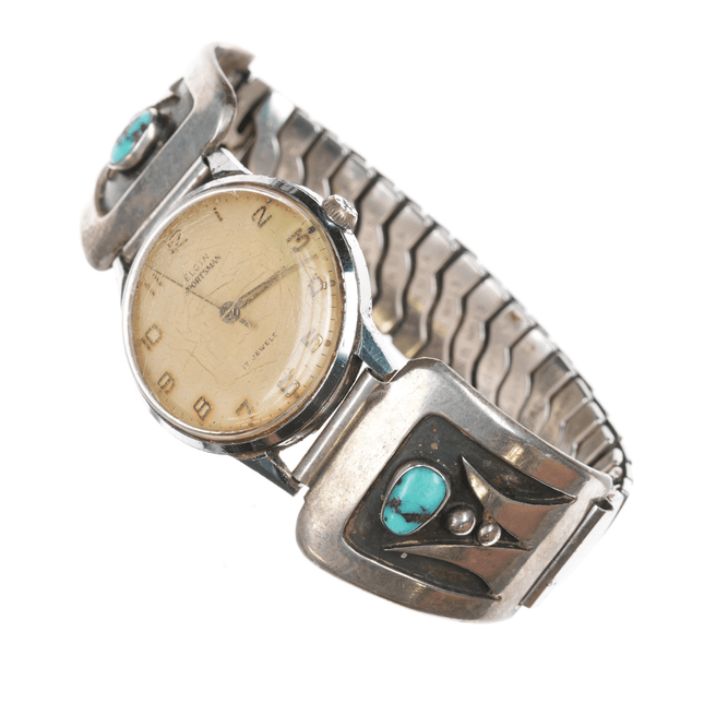 7 - 8" 1950's Bisbee turquoise Native American overlay sterling watch tips - Estate Fresh Austin