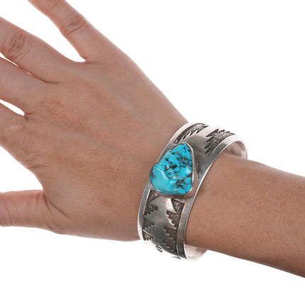 7" Able Arthur Navajo silver and turquoise cuff bracelet w/ Navajo rug pattern - Estate Fresh Austin