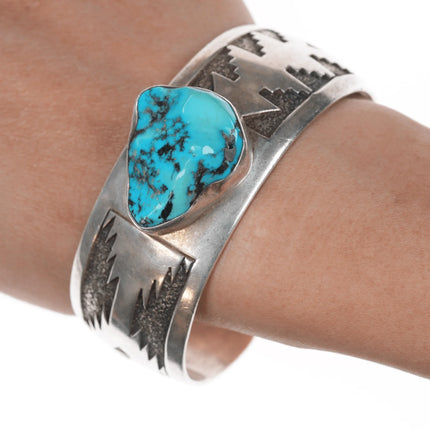7" Able Arthur Navajo silver and turquoise cuff bracelet w/ Navajo rug pattern - Estate Fresh Austin