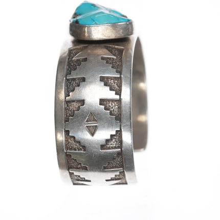 7" Able Arthur Navajo silver and turquoise cuff bracelet w/ Navajo rug pattern - Estate Fresh Austin