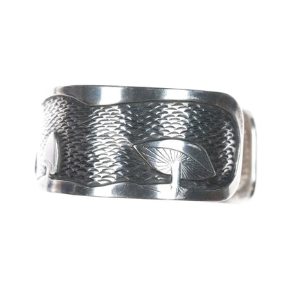 7" Amazing Sterling carved overlay Mushroom cuff bracelet - Estate Fresh Austin