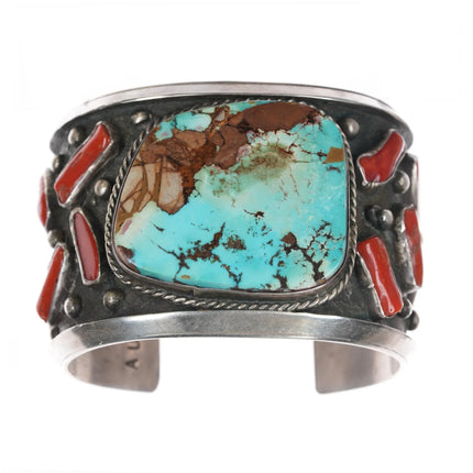 7" AUT Sterling turquoise and coral heavy cuff bracelet - Estate Fresh Austin