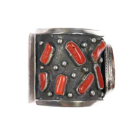 7" AUT Sterling turquoise and coral heavy cuff bracelet - Estate Fresh Austin