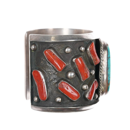 7" AUT Sterling turquoise and coral heavy cuff bracelet - Estate Fresh Austin